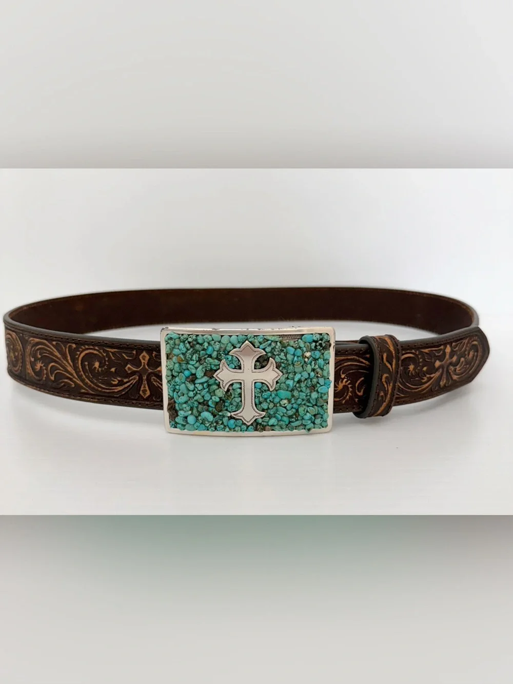 Nocona Leather Women's Nocona Distressed Scroll Triquoise Cross Buckle Belt - L